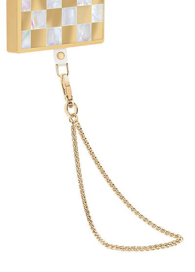 Gold wheat chain phone charm with checkered gold and pearl resin case attachment.