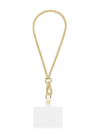 Gold wheat chain phone charm with white silicone card holder attachment and carabiner clasp.