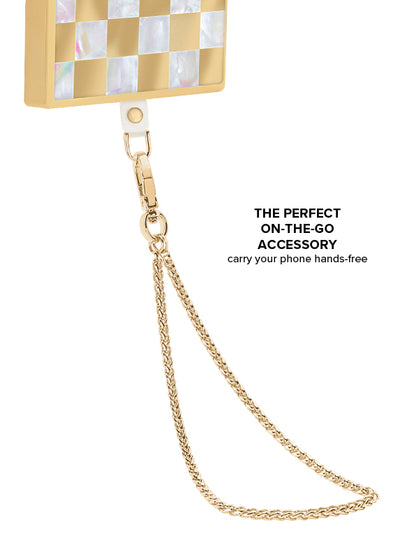 Gold wheat chain phone charm with two strands and metal clasp attachment.