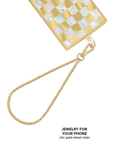 Gold wheat chain phone charm with clasp loop attachment and decorative checkered case.