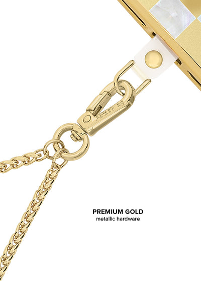 Gold wheat chain phone charm with clasp hook and ring attachment.