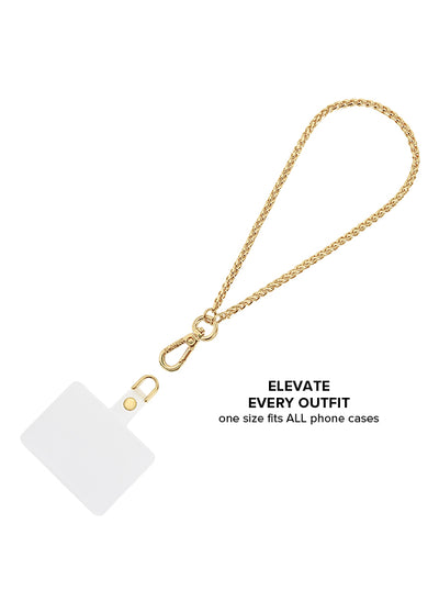 Gold wheat chain strap with metal loop attachment and small connector rings for phone case.