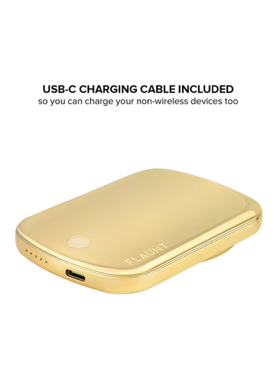 Gold rectangular MagSafe battery pack with USB-C port and charging indicator dots on the side.