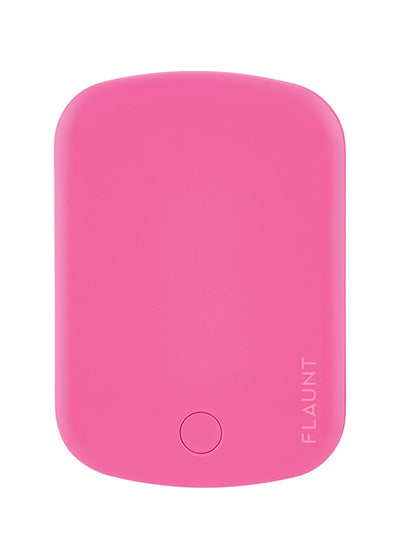 Pink rectangular battery pack with rounded corners, circular power button at bottom, and "FLAUNT" text on right side.