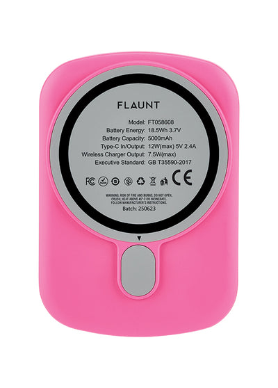Pink rectangular MagSafe battery pack with circular magnet pad and gray button, rear view showing specifications label.