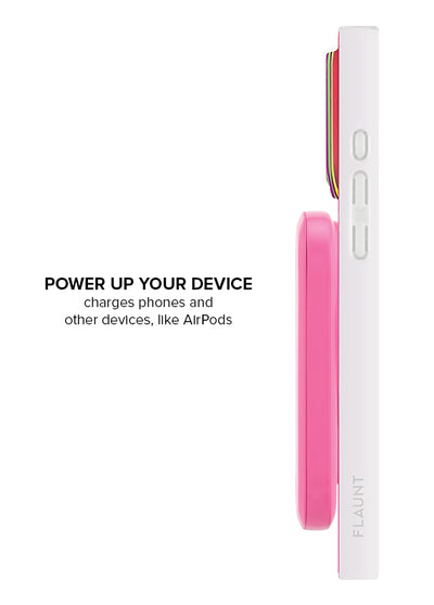 Pink and white MagSafe battery pack with curved design and magnetic attachment strip.