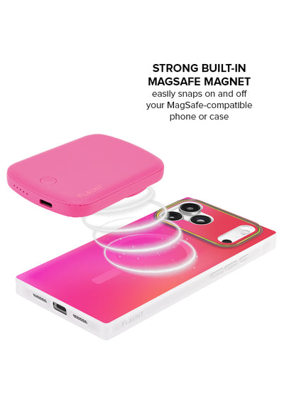 Pink MagSafe battery pack shown attached to a pink and white phone case with dual camera cutout.