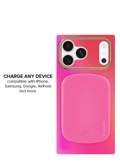 Pink rectangular MagSafe battery pack with rounded corners and power button, designed to attach to phone cases.