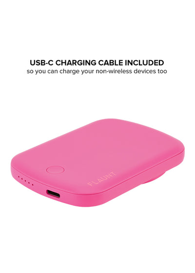 Pink rectangular MagSafe battery pack with USB-C port and power indicator dots on front.