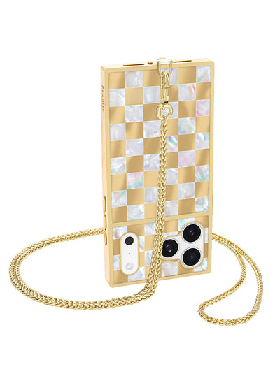 Gold wheat chain phone crossbody with checkered mother-of-pearl inlay and attached gold chain strap.