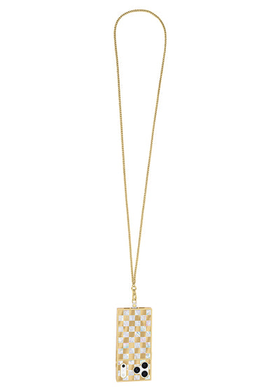 Gold wheat chain necklace with rectangular checkered phone case pendant featuring camera cutouts.