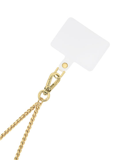 Gold wheat chain with metal clasp and ring attachment for phone crossbody bag.