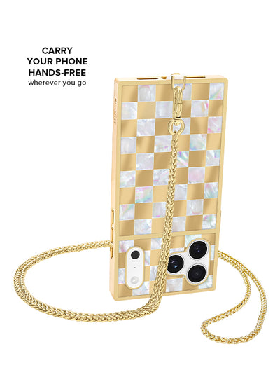 Gold and white checkered phone case with gold wheat chain strap for crossbody wear.