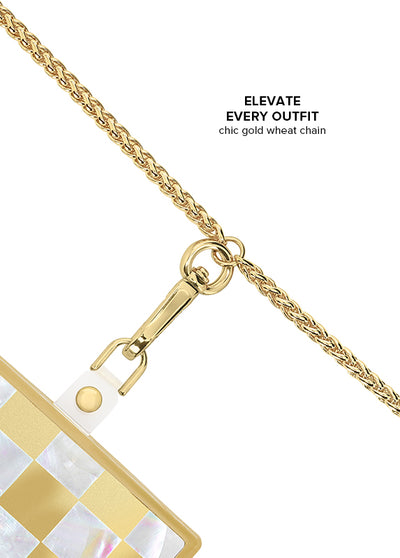 Gold wheat chain with clasp attachment and small white card holder detail for phone crossbody bag.