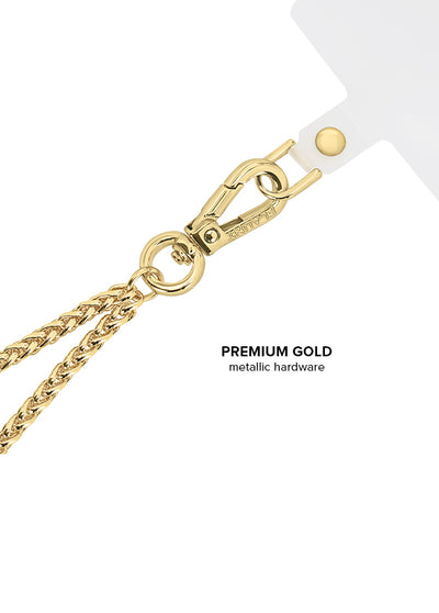 Gold wheat chain with lobster clasp and gold metallic hardware attachment.
