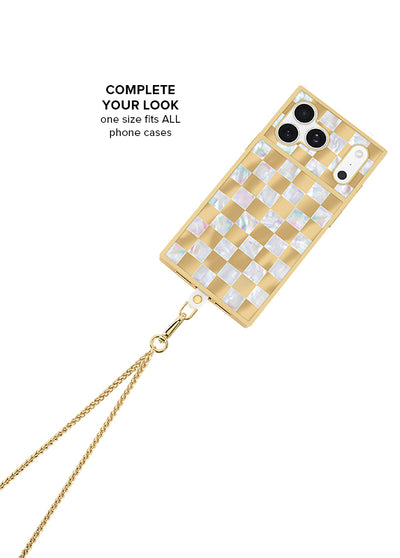 Gold wheat chain phone crossbody with checkered white and tan case and dual chain strap.