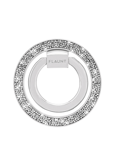Silver metallic MagSafe phone ring stand with crystal-studded outer ring and central grip mount.