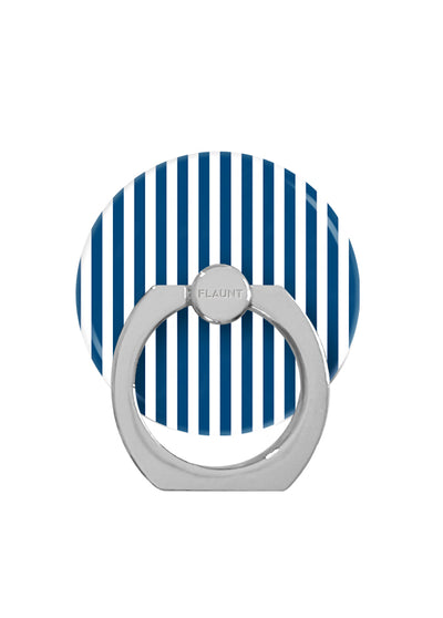 Gray metal ring stand with blue and white vertical stripe adhesive backing disk.