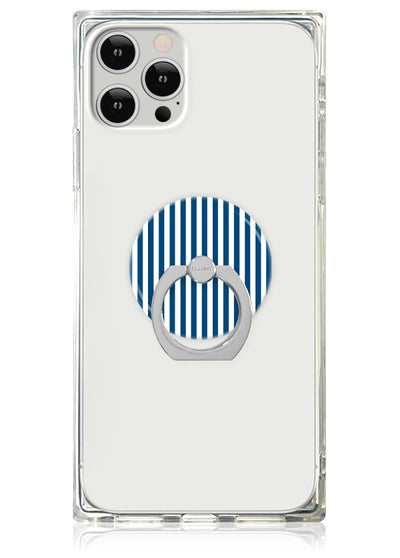 Clear phone case with blue and white vertical striped circular design and silver metal ring stand.