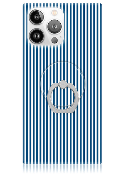 Blue and white vertical striped phone case with silver ring stand attachment on back.