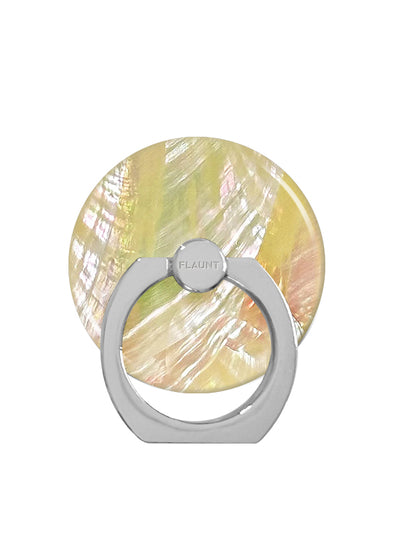 Butter yellow mother of pearl circular phone ring stand with gray metal grip and rotating ball joint.