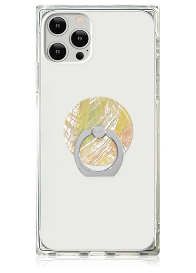 Clear phone case with butter yellow mother-of-pearl circular ring stand attached to back.