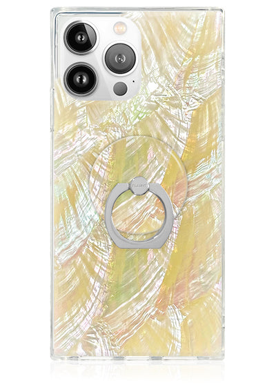 Clear phone case with butter yellow mother-of-pearl swirl pattern and silver circular ring stand.