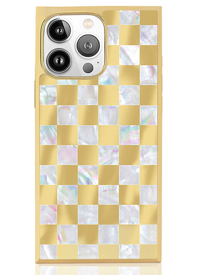 Gold Checkered Mother of Pearl SQUARE iPhone Case #iPhone 16 Pro Max + MagSafe,iPhone 16 Pro + MagSafe