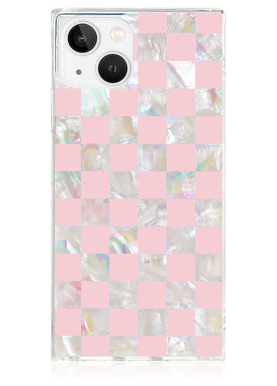 Pink Checkered Mother of Pearl SQUARE iPhone Case #iPhone 15