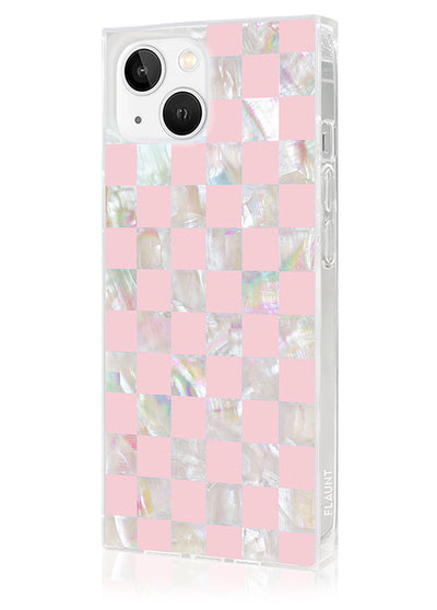 Pink Checkered Mother of Pearl SQUARE iPhone Case #iPhone 15 + MagSafe