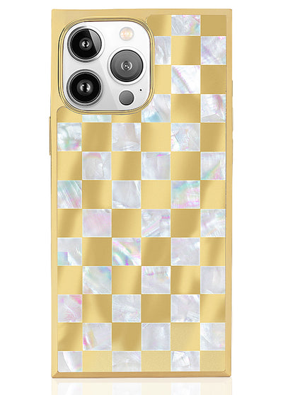 Gold Checkered Mother of Pearl SQUARE iPhone Case #iPhone 15 Pro Max + MagSafe, iPhone 15 Pro + MagSafe, iPhone 14 Pro Max + MagSafe, iPhone 14 Pro + MagSafe, iPhone 13 Pro Max + MagSafe, iPhone 13 Pro + MagSafe