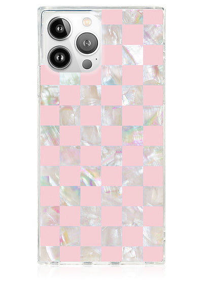 Pink Checkered Mother of Pearl SQUARE iPhone Case #iPhone 14 Pro Max + MagSafe