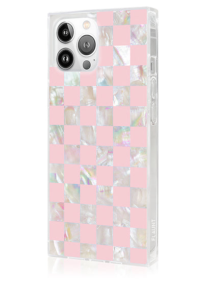 Pink Checkered Mother of Pearl SQUARE iPhone Case #iPhone 16 Pro + MagSafe
