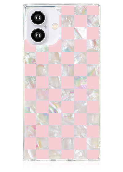 Pink Checkered Mother of Pearl SQUARE iPhone Case #iPhone 16 Plus