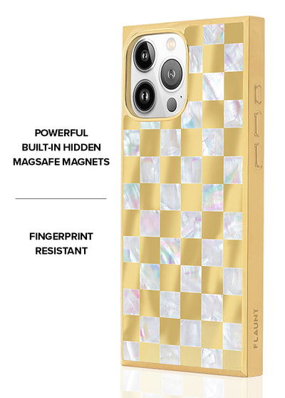 Gold Checkered Mother of Pearl SQUARE iPhone Case #iPhone 16 Pro Max + MagSafe,iPhone 16 Pro + MagSafe