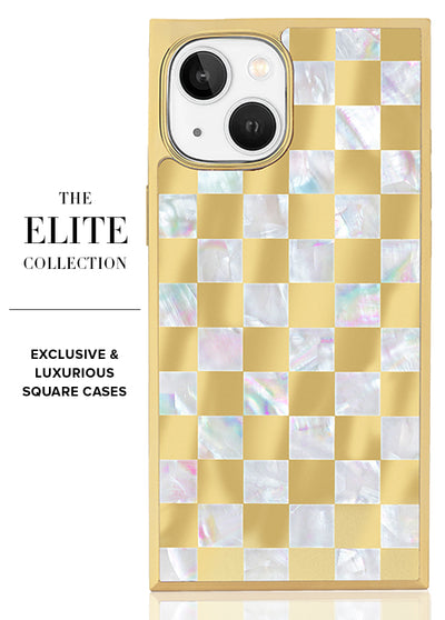 Gold Checkered Mother of Pearl SQUARE iPhone Case #iPhone 16e/15/14/13 + MagSafe