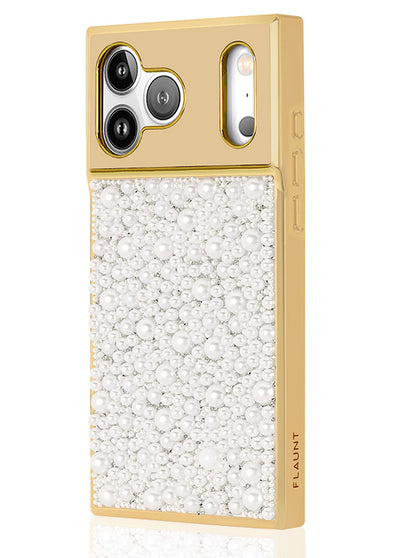 Gold Metallic Embellished Pearl SQUARE Phone Case #iPhone 17 Pro Max