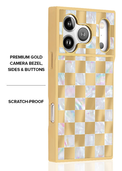 Gold Checkered Mother of Pearl SQUARE iPhone Case #iPhone 18 Pro Max + MagSafe, iPhone 18 Pro + MagSafe