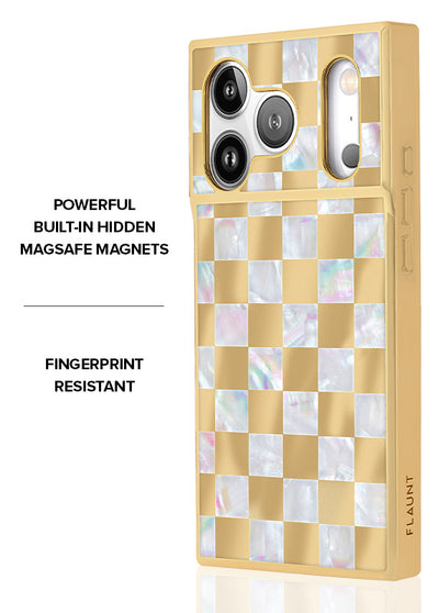 Gold Checkered Mother of Pearl SQUARE iPhone Case #iPhone 18 Pro Max + MagSafe, iPhone 18 Pro + MagSafe