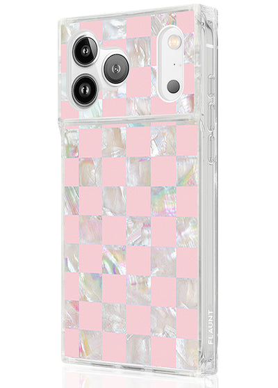 Pink Checkered Mother of Pearl SQUARE iPhone Case #iPhone 17 Pro Max + MagSafe