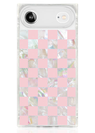 Pink Checkered Mother of Pearl SQUARE iPhone Case #iPhone Air + MagSafe