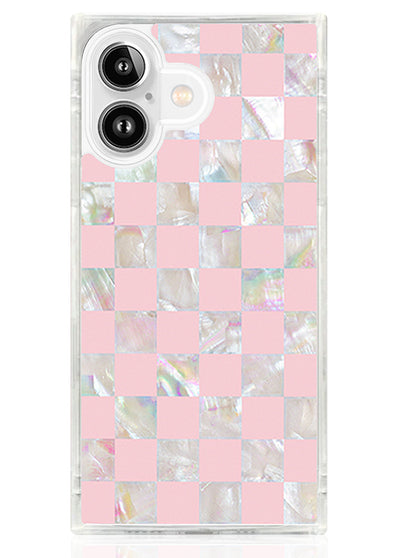 Pink Checkered Mother of Pearl SQUARE iPhone Case #iPhone 17 + MagSafe
