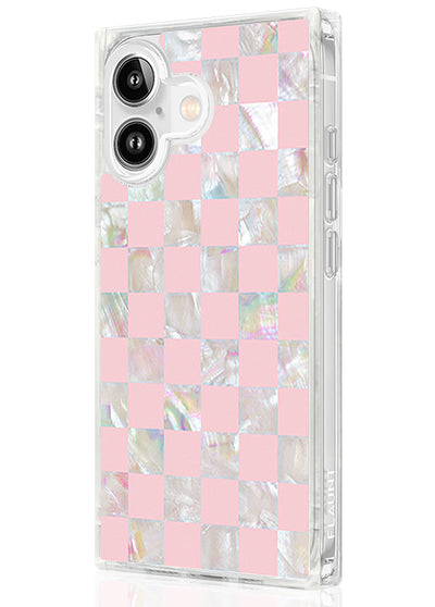 Pink Checkered Mother of Pearl SQUARE iPhone Case #iPhone 17 + MagSafe