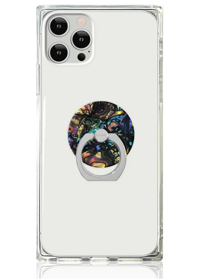 Clear phone case with iridescent abalone shell phone ring stand in center.