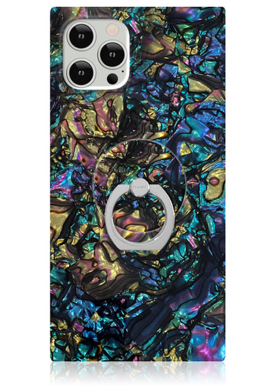 White adhesive phone ring stand attached to square phone case with iridescent abalone shell pattern in blue, purple, and gold