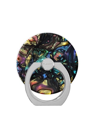 Iridescent abalone shell phone ring stand with silver metal frame and rotating attachment point.