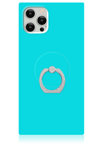 Silver metal ring stand with adhesive dot mounted on turquoise phone case back.