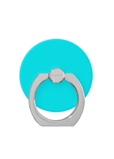Turquoise circular adhesive phone ring stand with gray metal band and rotating top knob labeled "FLAUNT".