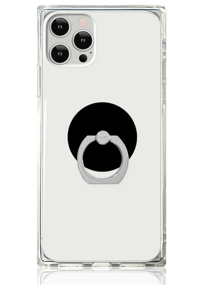 Clear phone case with silver metal ring stand and black circular backing on white smartphone.