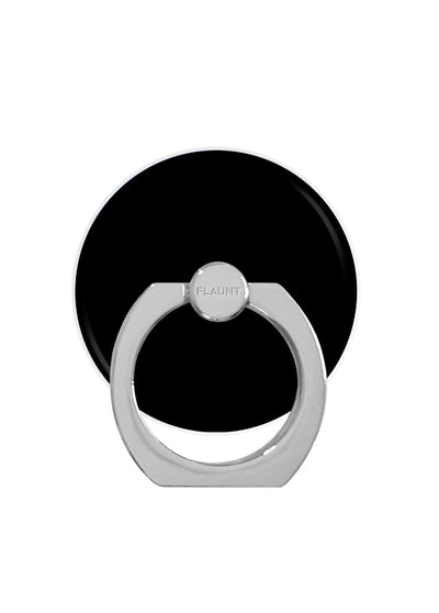 Black patent circular adhesive phone ring stand with silver metal bracket and rotating ball joint.
